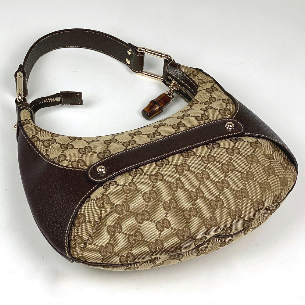 Gucci Shoulder GG Bamboo Canvas Bag Horsebit Brown Hobo Beige